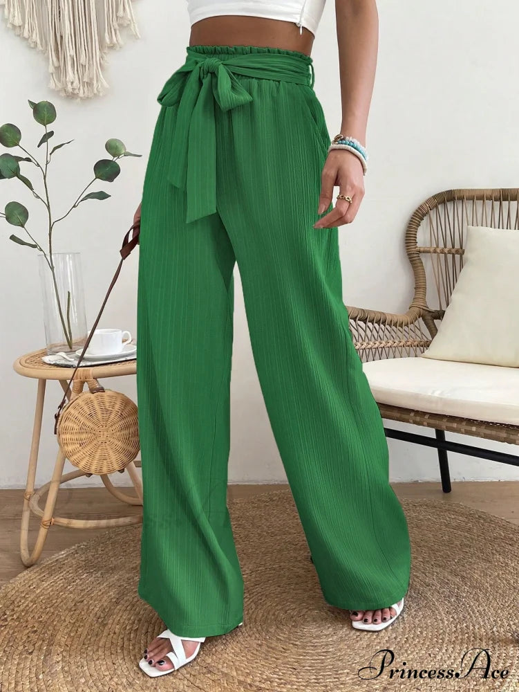 Long Waist Belted Wide Leg Pants