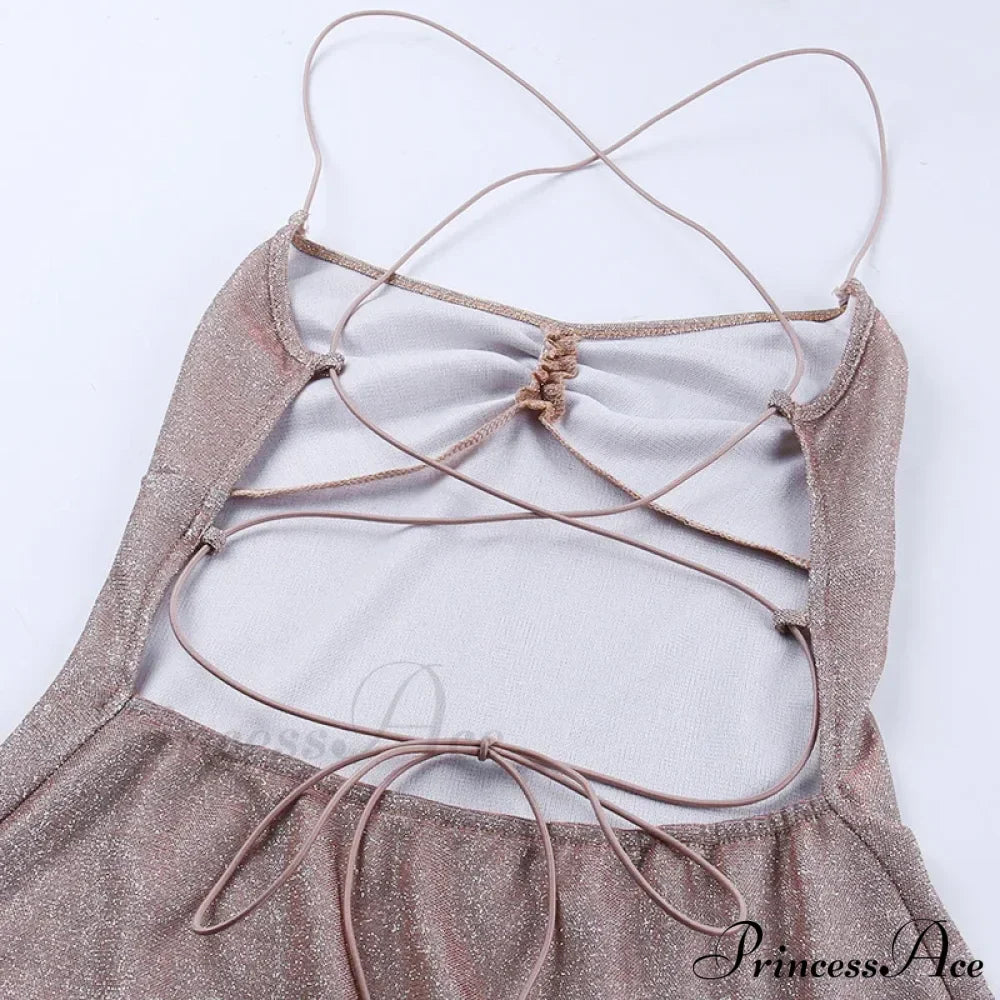 Party Backless Asymmetry Ruffles Hem Spaghetti Strap V-Neck Sleeveless Mini Lace up Bodycon Dress
