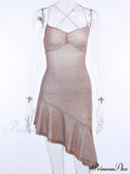 Party Backless Asymmetry Ruffles Hem Spaghetti Strap V-Neck Sleeveless Mini Lace up Bodycon Dress