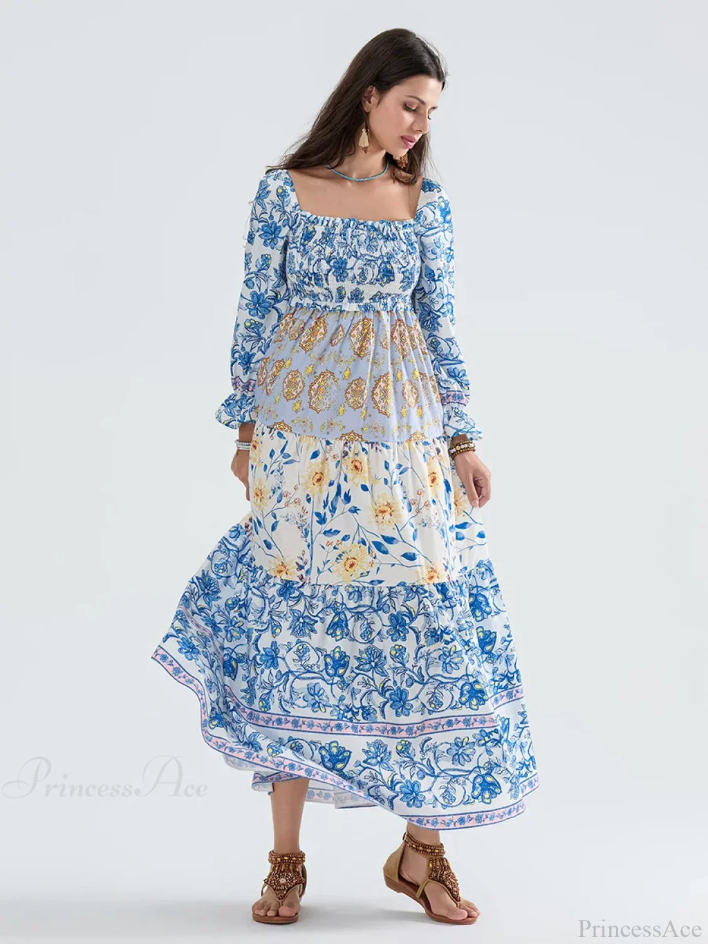 Patchwork Floral Bohemian Off-Shoulder Puff Sleeve Ruffled Vacation Beach Dress