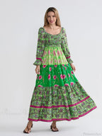 Patchwork Floral Bohemian Off-Shoulder Puff Sleeve Ruffled Vacation Beach Dress