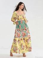 Patchwork Floral Bohemian Off-Shoulder Puff Sleeve Ruffled Vacation Beach Dress