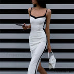 Patchwork V Neck Spaghetti Strap Sleeveless Bodycon Maxi Dress
