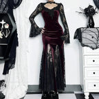 Patchwork Velvet Long Sleeve Midi Dress