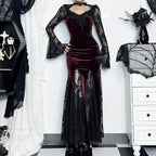 Patchwork Velvet Long Sleeve Midi Dress