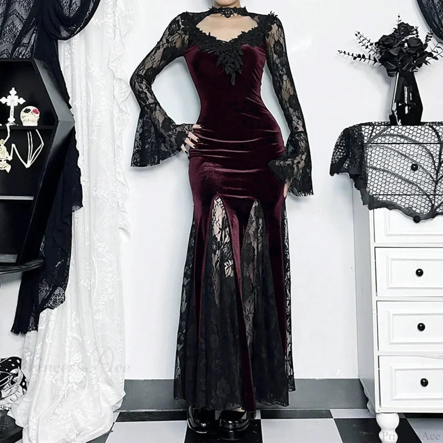 Patchwork Velvet Long Sleeve Midi Dress