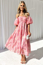 Emilia Chic Off the Shoulder Midi Dress with Puff Sleeves Premium Wardrobe Essential