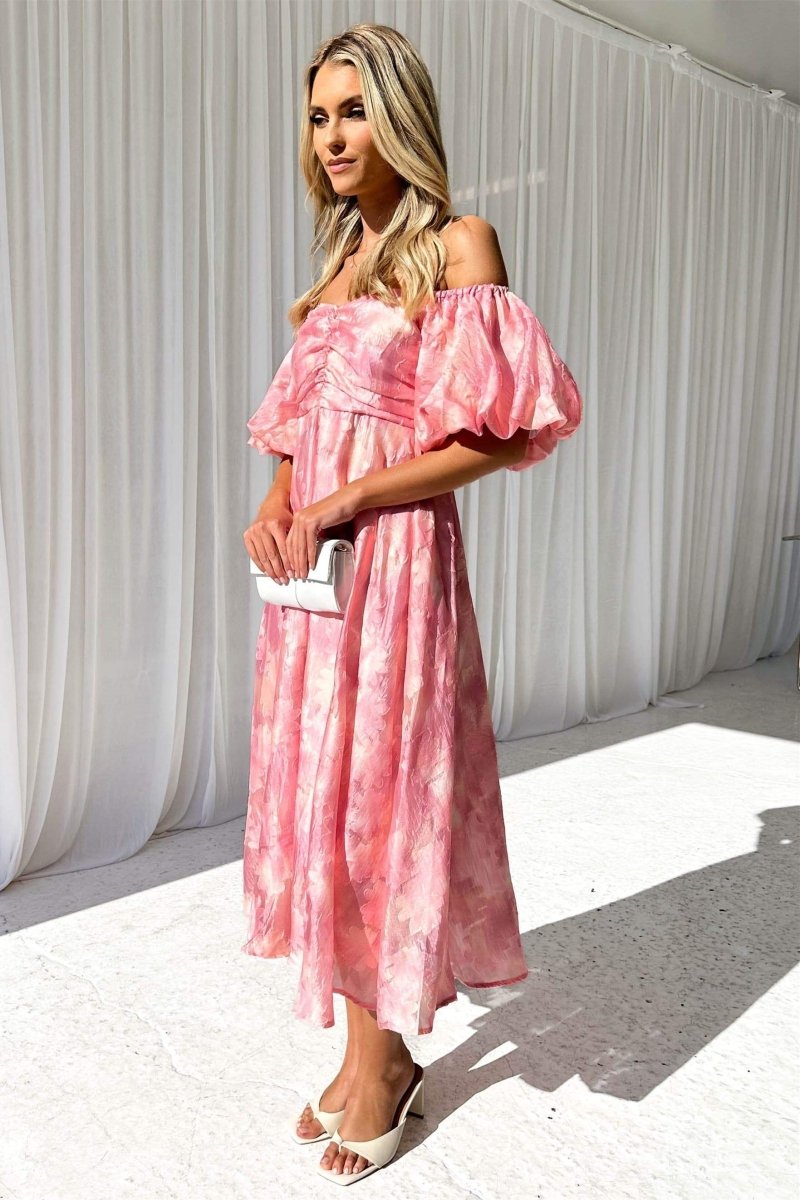 Emilia Chic Off the Shoulder Midi Dress with Puff Sleeves Premium Wardrobe Essential