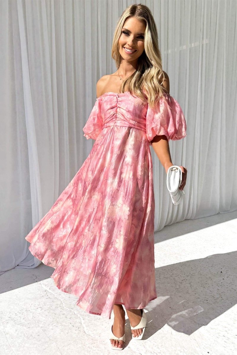 Emilia Chic Off the Shoulder Midi Dress with Puff Sleeves Premium Wardrobe Essential