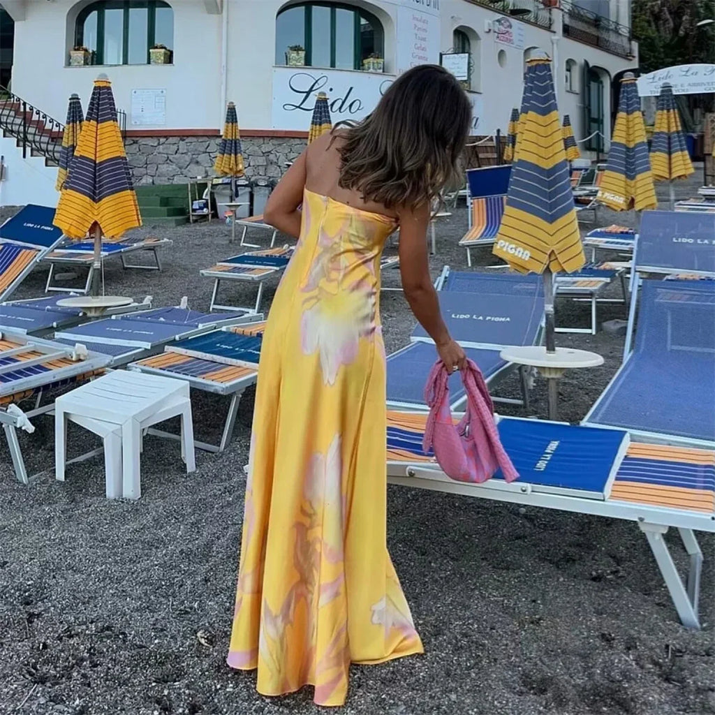 PB&ZA Satin Printed Strapless Vacation Dress