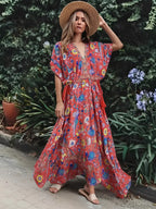 Peacock Floral Print V-neck Tassel Rayon Vacation Boho Dress