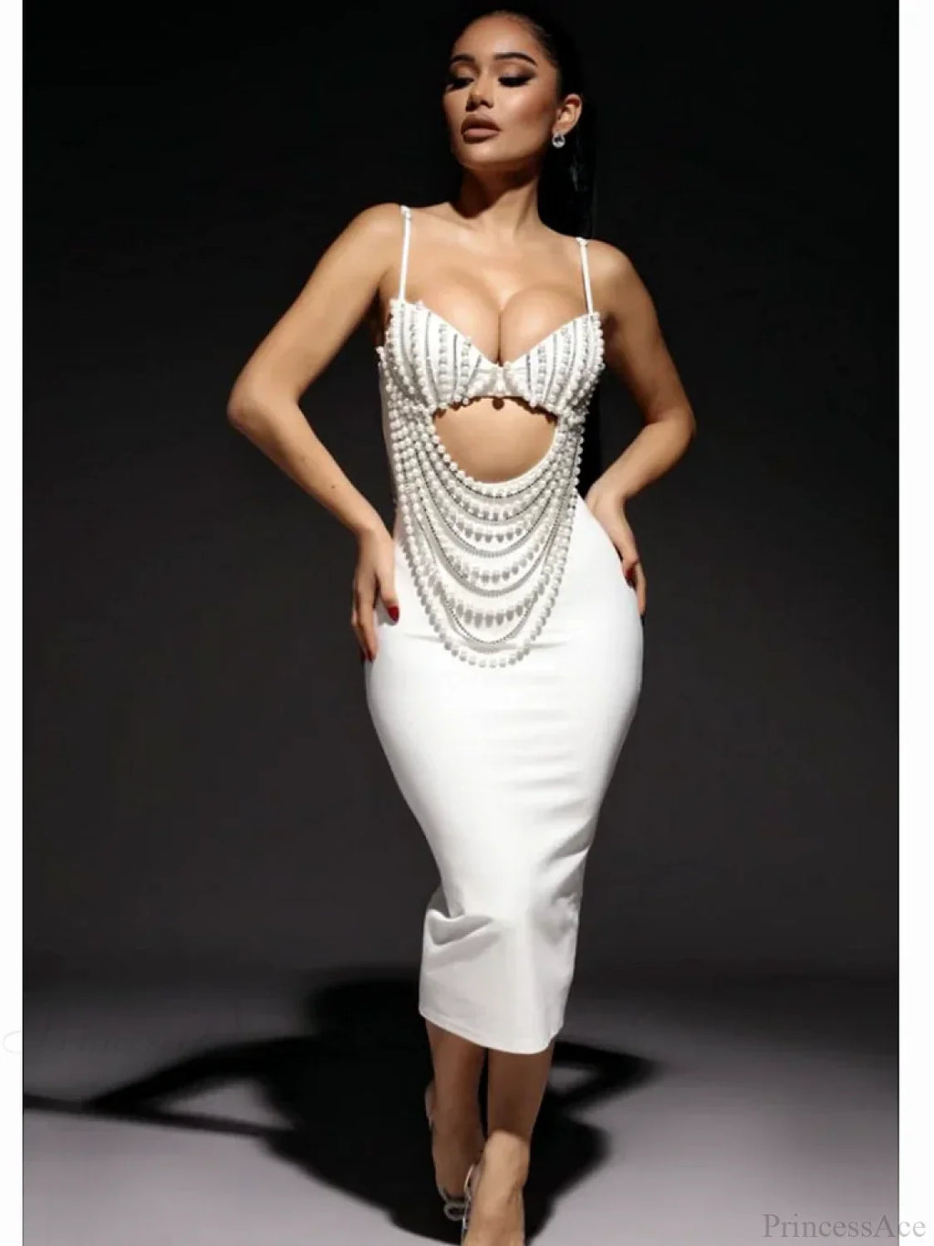 Pearl Beaded Spaghetti Strap Midi Party Dress