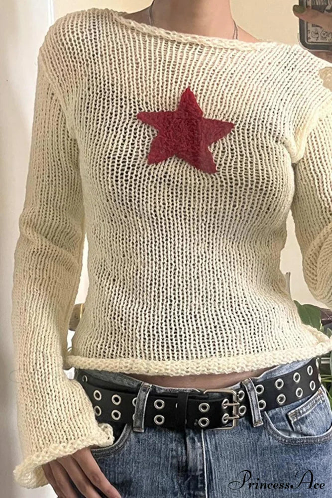 Sexy Sheer Hollow-Out Red Star Long-Sleeve Knit Top