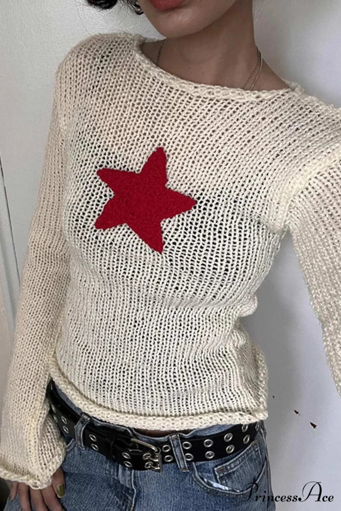 Sexy Sheer Hollow-Out Red Star Long-Sleeve Knit Top