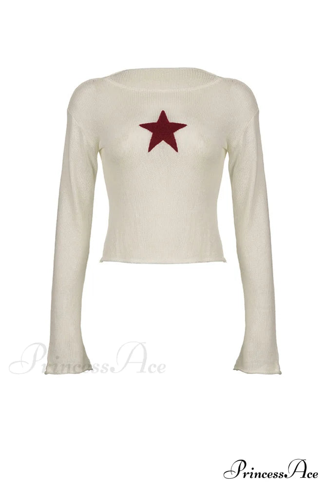 Sexy Sheer Hollow-Out Red Star Long-Sleeve Knit Top