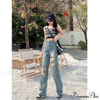 Perforated Jean Pear-Shaped Figure High Waist Straight Tube Loose Fitting Wide Leg Pants Small Stature Thin Summer Style Jean