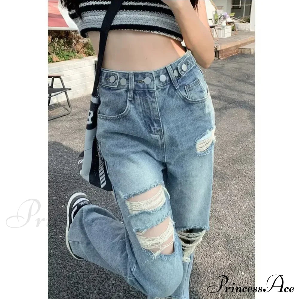 Perforated Jean Pear-Shaped Figure High Waist Straight Tube Loose Fitting Wide Leg Pants Small Stature Thin Summer Style Jean