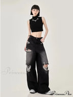 Perforated Women's Summer New INS Fashion Brand Straight Tube Loose Sweeping High Street Jean
