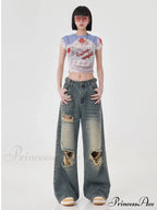 Perforated Women's Summer New INS Fashion Brand Straight Tube Loose Sweeping High Street Jean