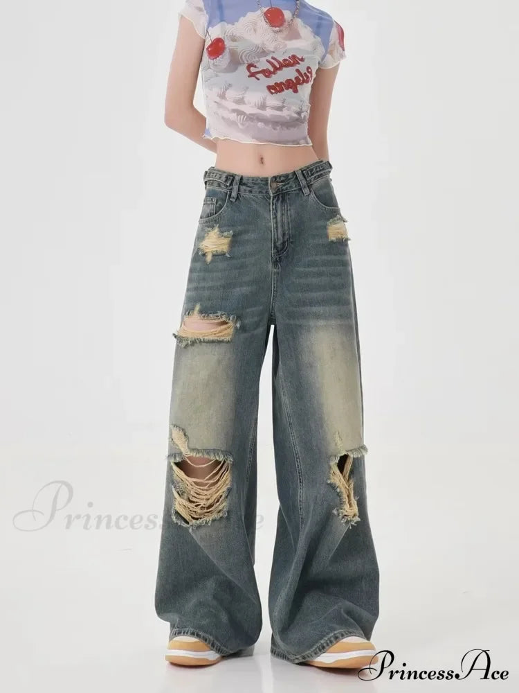 Perforated Women's Summer New INS Fashion Brand Straight Tube Loose Sweeping High Street Jean