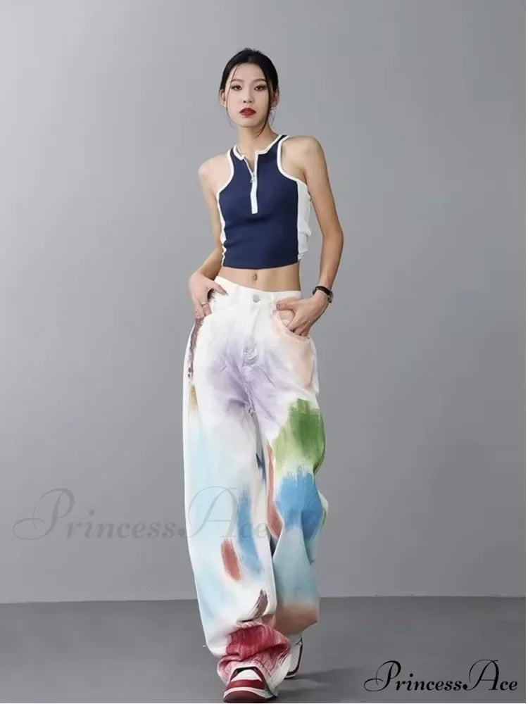 Personalized Graffiti High Waist Slim Hand-painted Painted Trendy Loose Straight Wide Leg Casual Jean