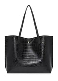 Croc-Embossed PU Leather Tote Bag – Large Black Shoulder Handbag