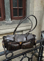 Vintage Brown Multi-Pocket Shoulder Bag – PU Leather Tote with Adjustable Strap