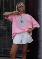 Play Love Oversized Tee – White Graphic T-Shirt with Ace Card Print