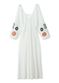 Solana Embroidered Maxi Dress – Boho Open-Back with Balloon Sleeves