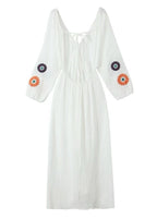Solana Embroidered Maxi Dress – Boho Open-Back with Balloon Sleeves
