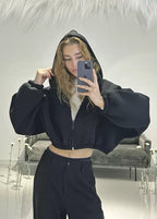 BubbleZip Cropped Hoodie with Balloon Sleeves