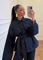 Indigo Structure Denim Set – Belted Oversized Jacket and Straight-Leg Pants