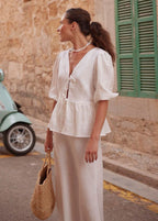 Verona - Cotton Peplum Set with Puff Sleeves and Maxi Skirt