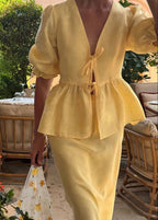 Solara - Puff Sleeve Cotton Set with Tie Waist and Maxi Skirt