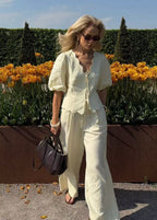 Limonetta - Scalloped Tie-Front Blouse & Wide-Leg Pants Set