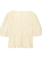 Limonetta - Scalloped Tie-Front Blouse & Wide-Leg Pants Set