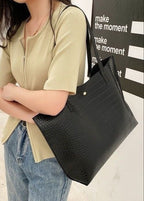 Croc-Embossed PU Leather Tote Bag – Large Black Shoulder Handbag