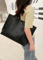 Croc-Embossed PU Leather Tote Bag – Large Black Shoulder Handbag