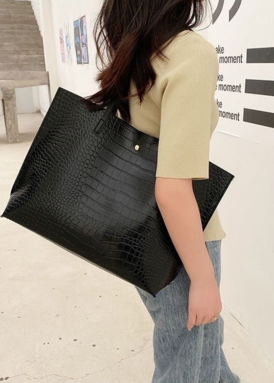 Croc-Embossed PU Leather Tote Bag – Large Black Shoulder Handbag