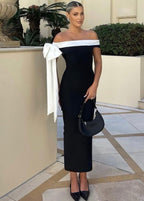 Off-Shoulder Black Maxi Dress with White Bow Detail
