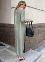 Sage Green Long Sleeve Maxi Dress – Minimalist Satin Look