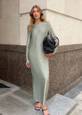 Sage Green Long Sleeve Maxi Dress – Minimalist Satin Look