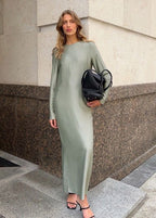 Sage Green Long Sleeve Maxi Dress – Minimalist Satin Look