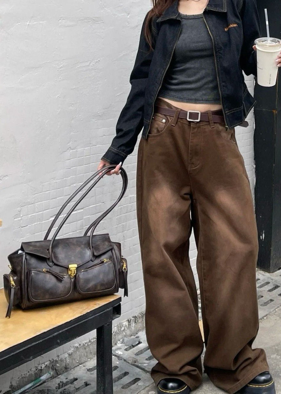 Vintage Brown Multi-Pocket Shoulder Bag – PU Leather Tote with Adjustable Strap