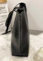 Croc-Embossed PU Leather Tote Bag – Large Black Shoulder Handbag