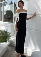 Off-Shoulder Black Maxi Dress with White Bow Detail