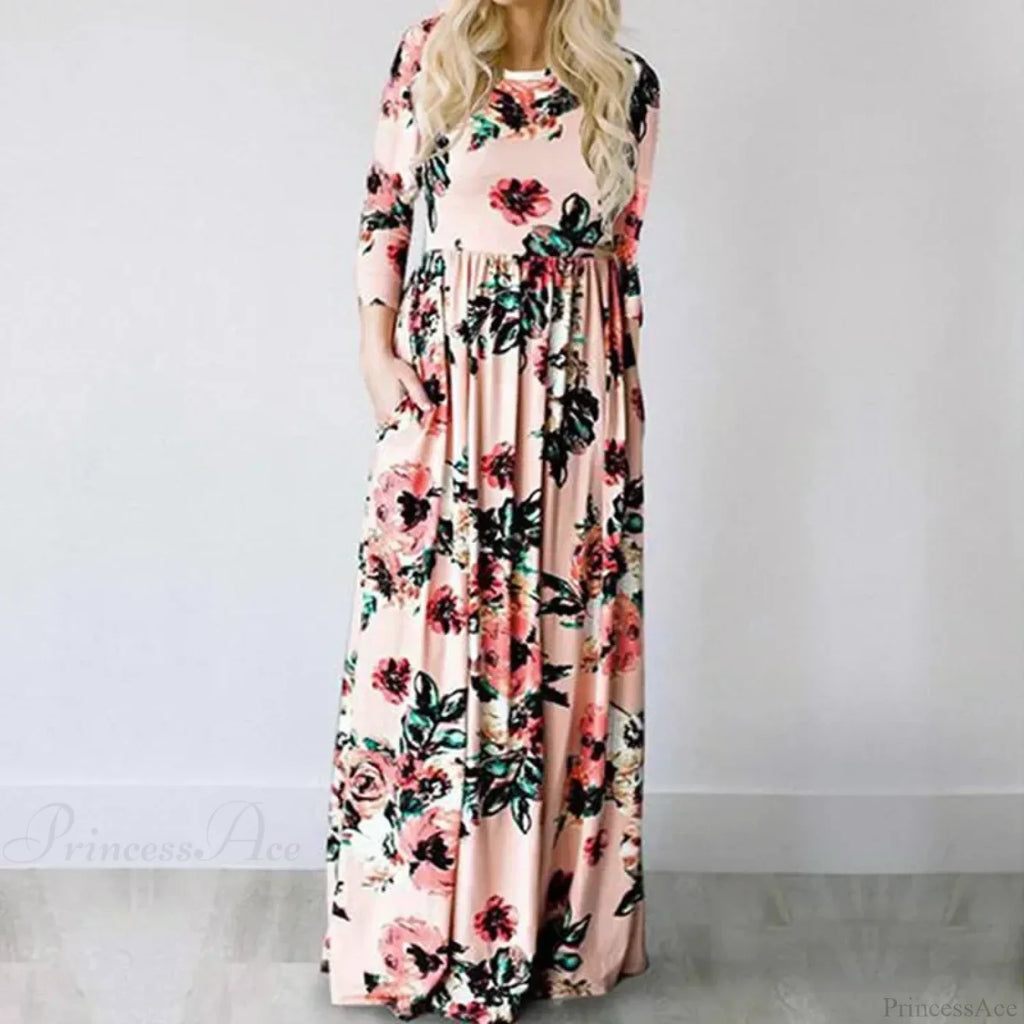 Pink Boho Floral Maxi Floral Dress