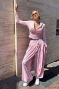 Pink Fitted Hooded Cuffed Ankle Pants Solid Two Piece Set