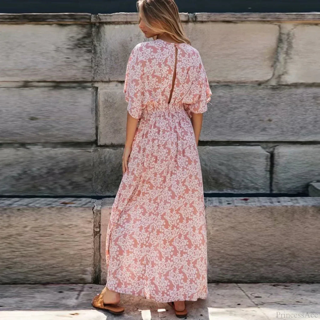 Pink Floral Maxi Dress Sexy Deep V-neck Side Split Boho Dress