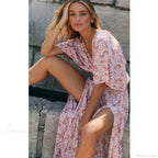 Pink Floral Maxi Dress Sexy Deep V-neck Side Split Boho Dress